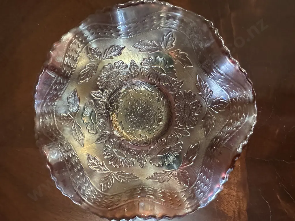 Antique Fenton 'Two Flowers' Carnival Glass Ruffled Dish, Tri Footed. c1920's Dia15cm. Image 1++
