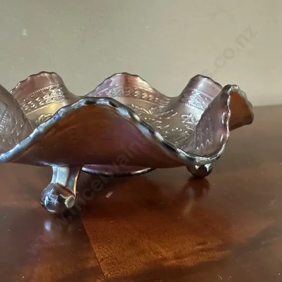 Antique Fenton 'Two Flowers' Carnival Glass Ruffled Dish, Tri Footed. c1920's Dia15cm.
