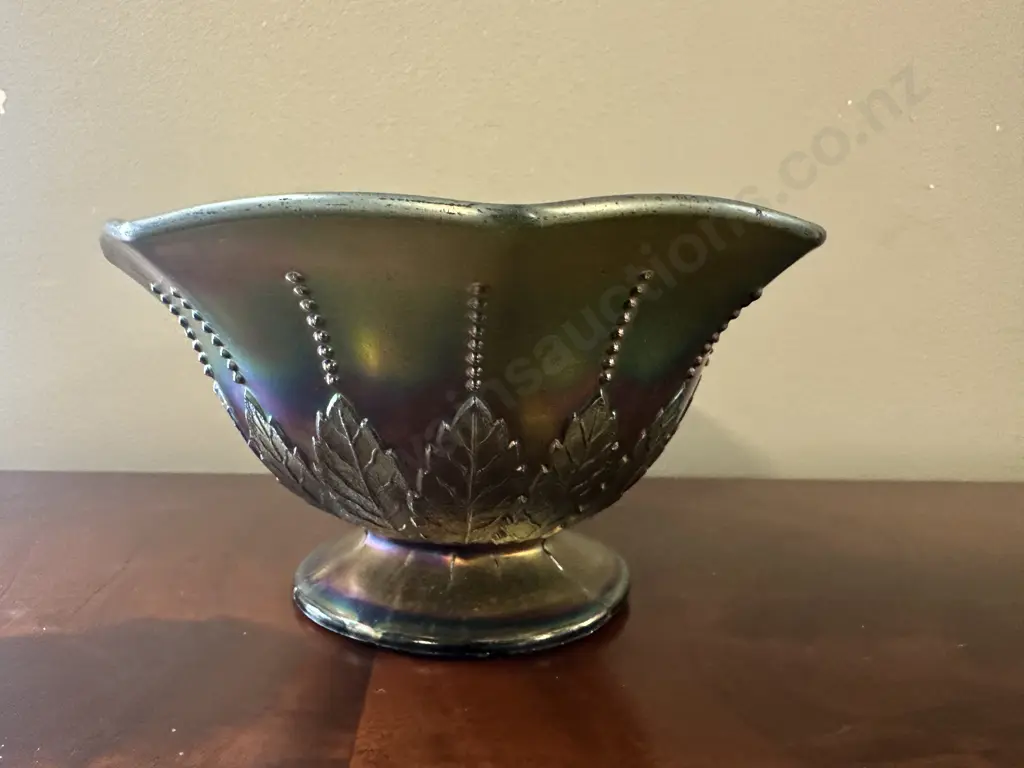 Vintage Carnival Glass Bowl Leaf & Bead Detail Lavender Iridescent Finish  Image 1++