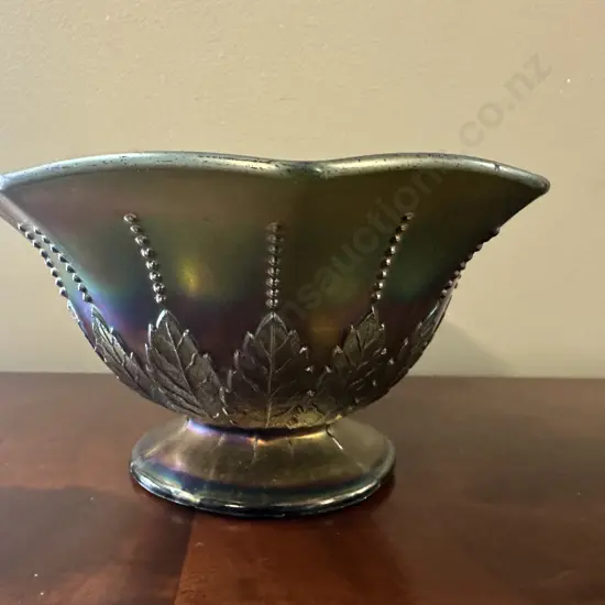 Vintage Carnival Glass Bowl Leaf & Bead Detail Lavender Iridescent Finish 