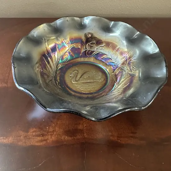 Scarce Crown Crystal Black Swan Carnival Glass Master Bowl H4,Dia14cm.