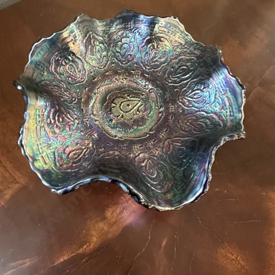 Antique Fenton Carnival Glass Persian Medallion Bowl Amethyst Colour With Ruffled Edge H4,Dia15.5cm.