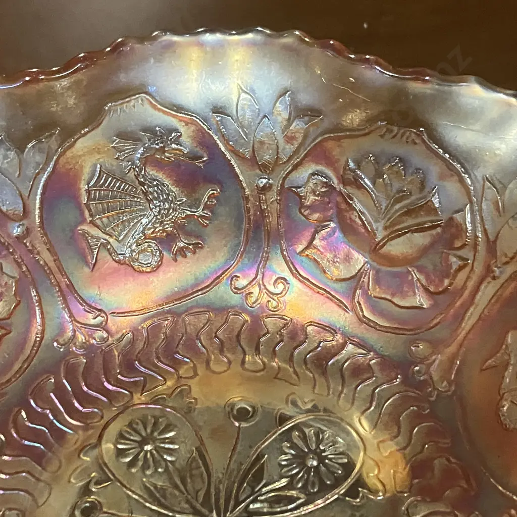 Antique Fenton 'Dragon And Lotus' Marigold Carnival Glass Ruffled Dish, Spatula Footed,  c1920's. 19.5cm Image 1++