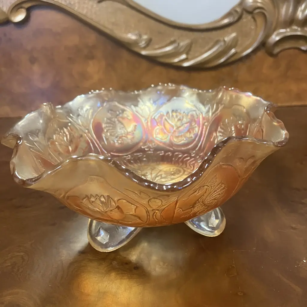 Antique Fenton 'Dragon And Lotus' Marigold Carnival Glass Ruffled Dish, Spatula Footed,  c1920's. 19.5cm Image 1++