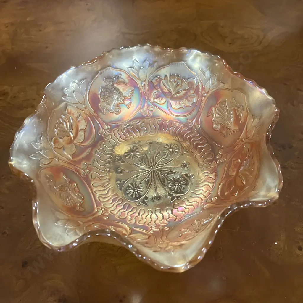 Antique Fenton 'Dragon And Lotus' Marigold Carnival Glass Ruffled Dish, Spatula Footed,  c1920's. 19.5cm Image 1++