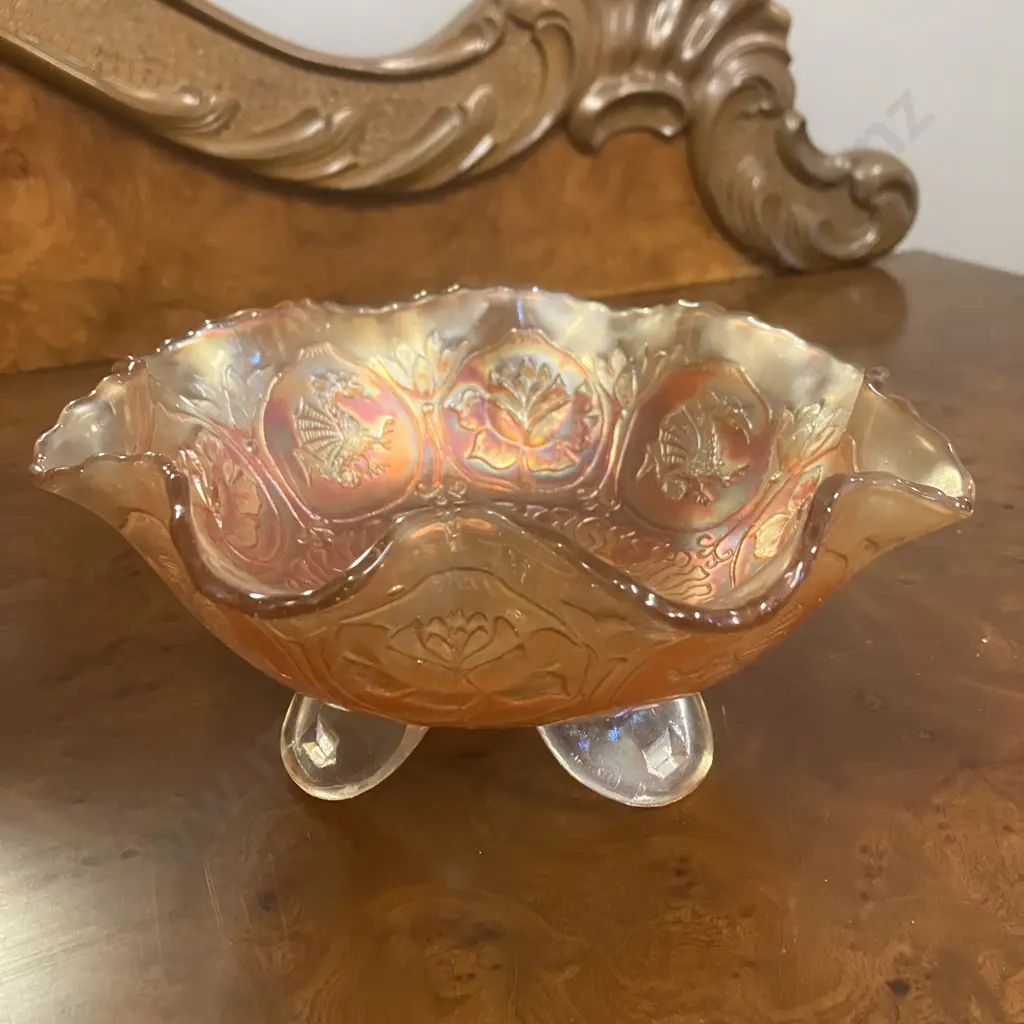 Antique Fenton 'Dragon And Lotus' Marigold Carnival Glass Ruffled Dish, Spatula Footed,  c1920's. 19.5cm Image 1++