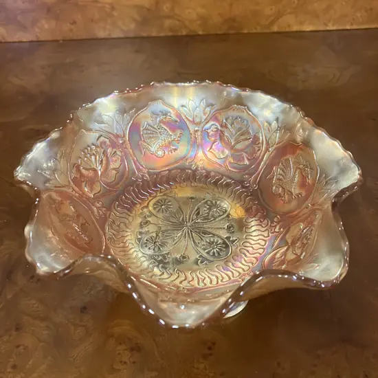 Antique Fenton 'Dragon And Lotus' Marigold Carnival Glass Ruffled Dish, Spatula Footed,  c1920's. 19.5cm