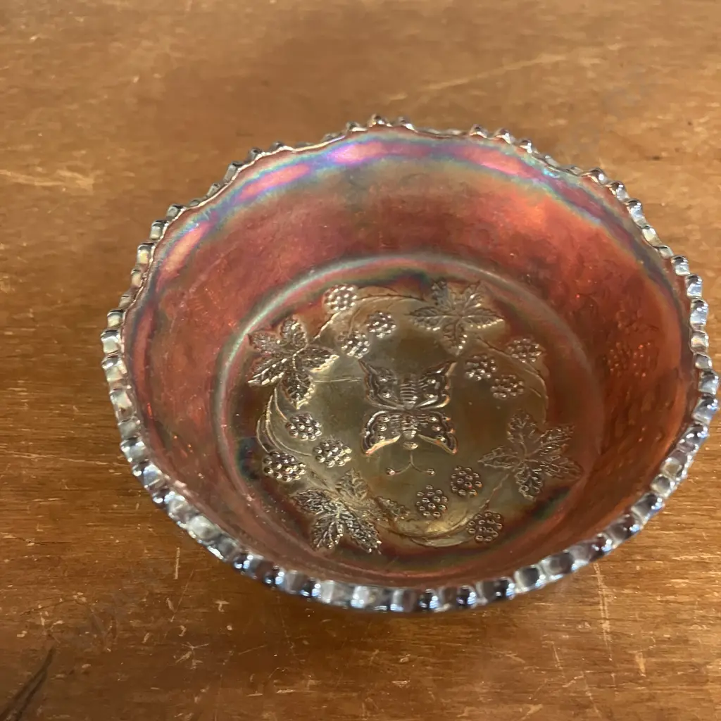 Antique Fenton 'Butterfly and Berry' Marigold Irridescent Carnival Glass Footed Bowl c1920. Dia12cm Image 1++
