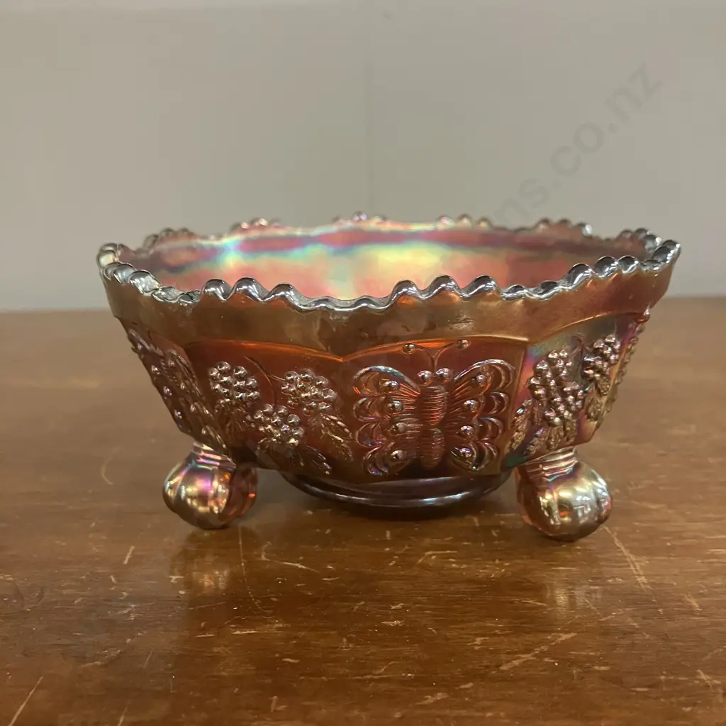 Antique Fenton 'Butterfly and Berry' Marigold Irridescent Carnival Glass Footed Bowl c1920. Dia12cm Image 1++
