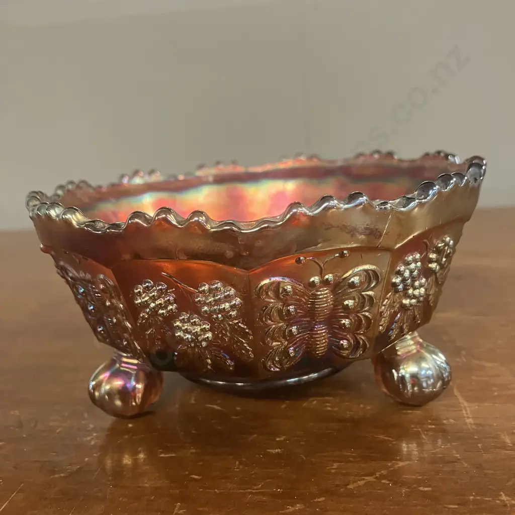 Antique Fenton 'Butterfly and Berry' Marigold Irridescent Carnival Glass Footed Bowl c1920. Dia12cm Image 1++