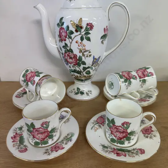 Wedgwood Charnwood Coffee Pot With Six Demitasse Cups & Saucer Duos