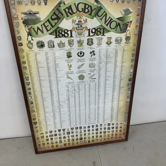 Welsh Rugby Union Framed Artwork 1881-1981 H91,W63cm.