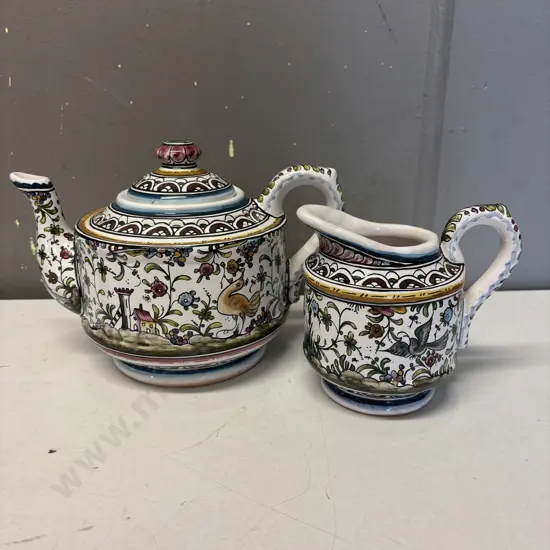 Handpainted Portuguese Art Pottery Tepot and Jug