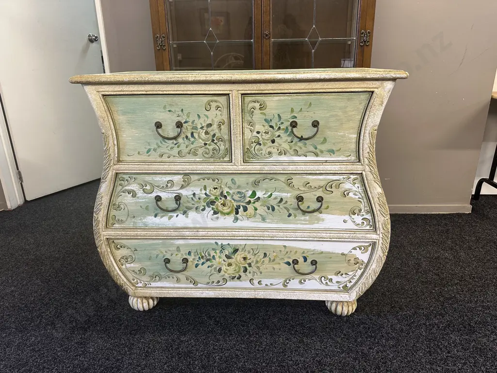 Hand Painted Louis XV Style Four Drawer Chest With Art Deco Feet H93,W112,D51cm. Image 1++