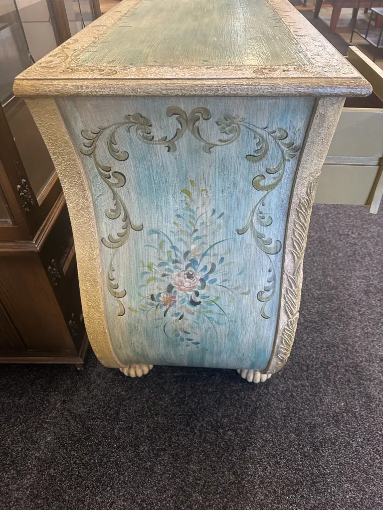 Hand Painted Louis XV Style Four Drawer Chest With Art Deco Feet H93,W112,D51cm. Image 1++