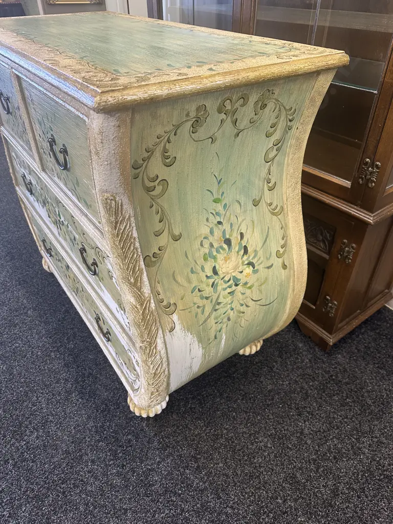 Hand Painted Louis XV Style Four Drawer Chest With Art Deco Feet H93,W112,D51cm. Image 1++
