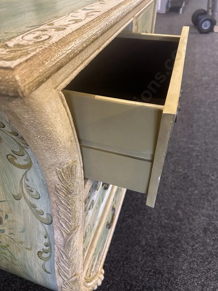 Hand Painted Louis XV Style Four Drawer Chest With Art Deco Feet H93,W112,D51cm. Image 1++