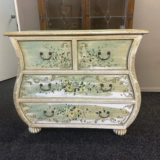 Hand Painted Louis XV Style Four Drawer Chest With Art Deco Feet H93,W112,D51cm.