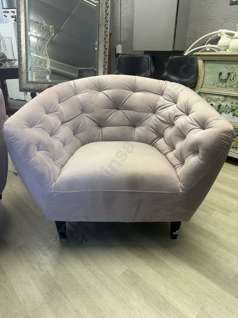 Rose Pink Buttonback Velvet Armchair, Black Tapered Legs Ex Danske Mobler Image 1++
