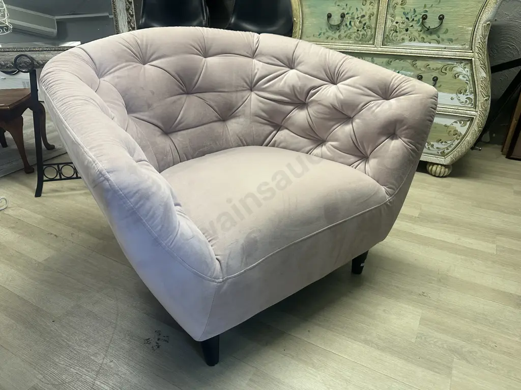 Rose Pink Buttonback Velvet Armchair, Black Tapered Legs Ex Danske Mobler Image 1++