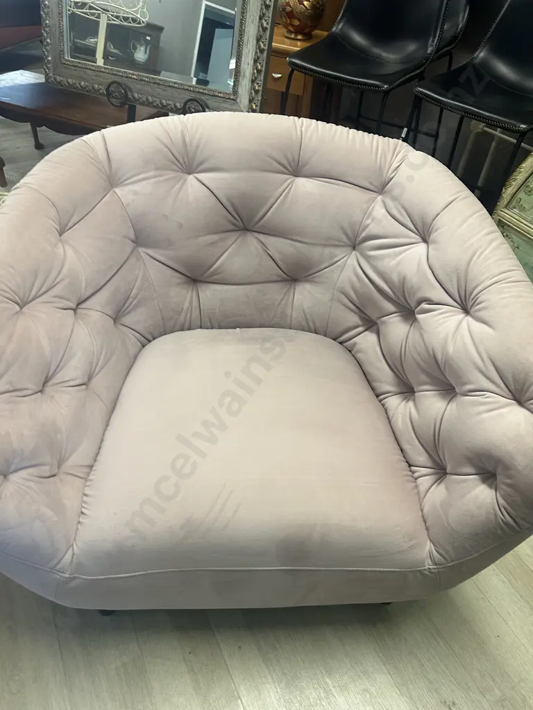 Rose Pink Buttonback Velvet Armchair, Black Tapered Legs Ex Danske Mobler Image 1++