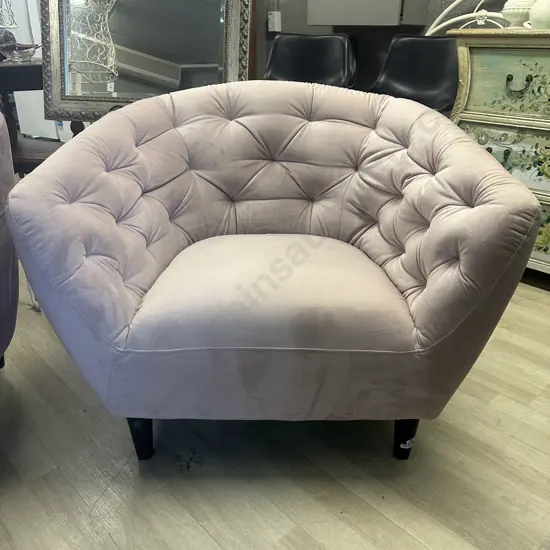 Rose Pink Buttonback Velvet Armchair, Black Tapered Legs Ex Danske Mobler