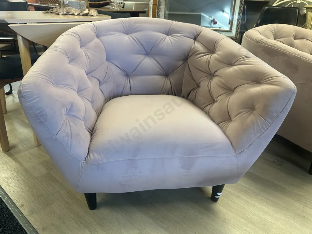 Rose Pink Buttonback Velvet Armchair, Black Tapered Legs Ex Danske Mobler Image 1++