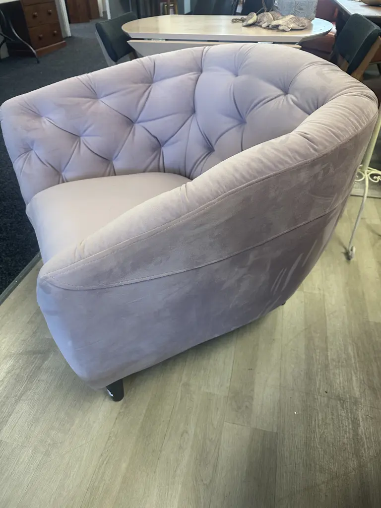 Rose Pink Buttonback Velvet Armchair, Black Tapered Legs Ex Danske Mobler Image 1++