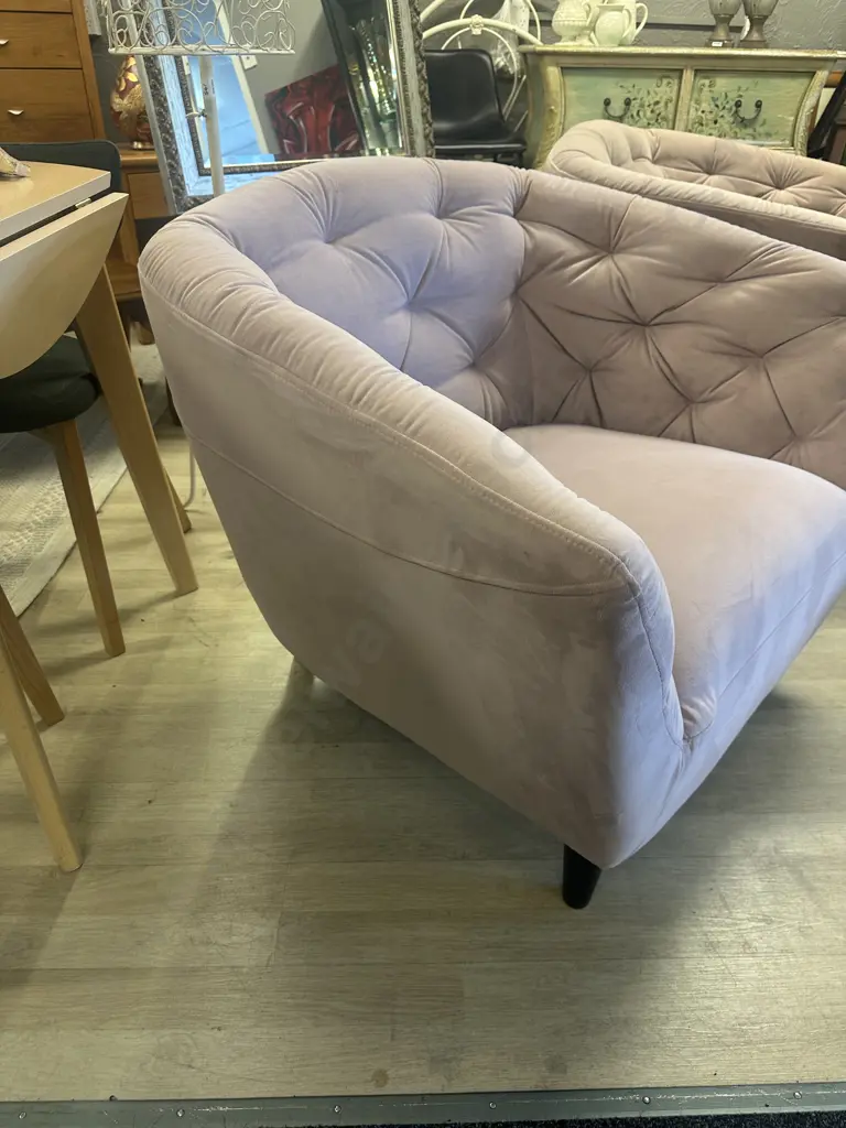 Rose Pink Buttonback Velvet Armchair, Black Tapered Legs Ex Danske Mobler Image 1++