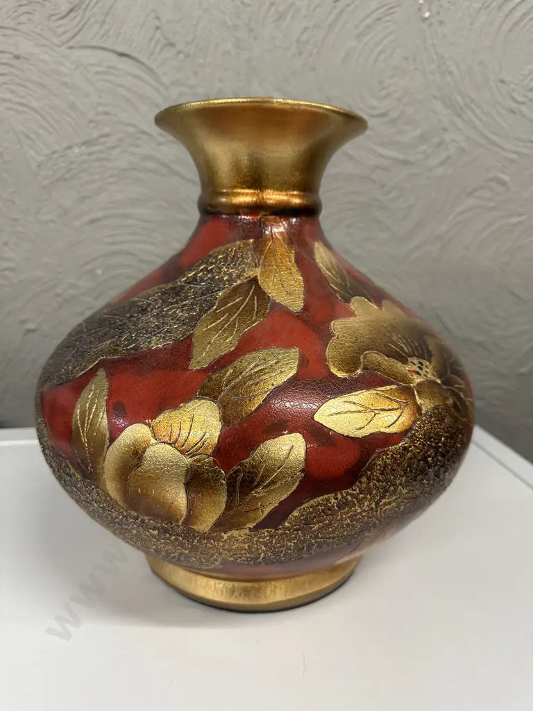 Decorative Bulbous Vase Red With Embossed Gold Detail H32cm. Image 1++