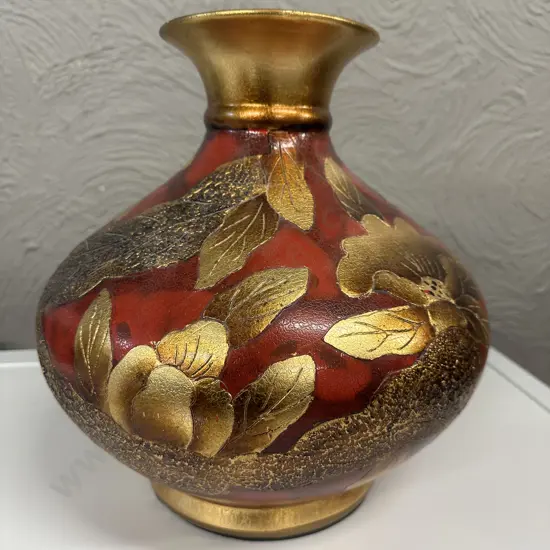Decorative Bulbous Vase Red With Embossed Gold Detail H32cm.