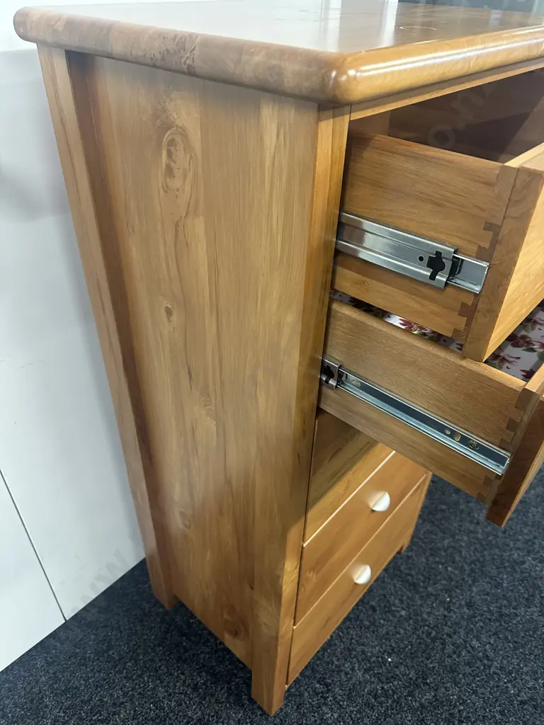 Kingswood Furniture Rimu Five Drawer Tallboy With Curved Pewter Handles H121,W60,D43cm. Image 1++