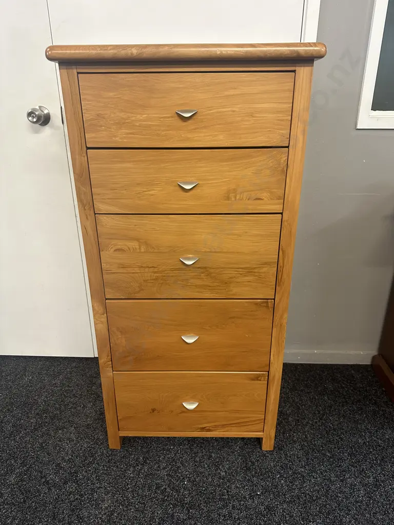 Kingswood Furniture Rimu Five Drawer Tallboy With Curved Pewter Handles H121,W60,D43cm. Image 1++