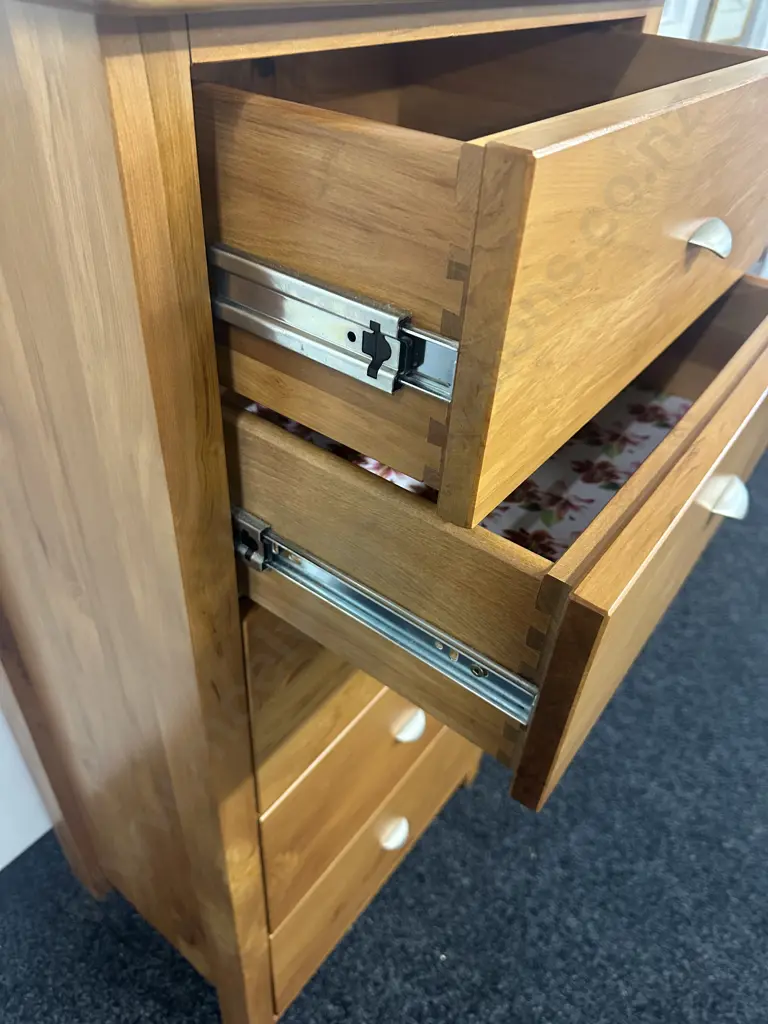 Kingswood Furniture Rimu Five Drawer Tallboy With Curved Pewter Handles H121,W60,D43cm. Image 1++