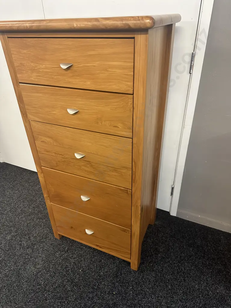 Kingswood Furniture Rimu Five Drawer Tallboy With Curved Pewter Handles H121,W60,D43cm. Image 1++