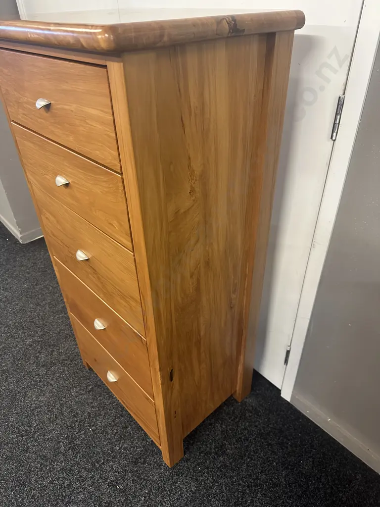 Kingswood Furniture Rimu Five Drawer Tallboy With Curved Pewter Handles H121,W60,D43cm. Image 1++