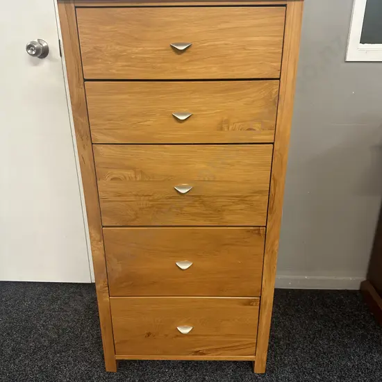 Kingswood Furniture Rimu Five Drawer Tallboy With Curved Pewter Handles H121,W60,D43cm.