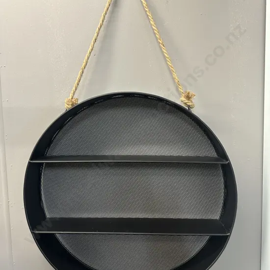 Round Black Metal Mesh Wall Hung Shelf Dia55cm.