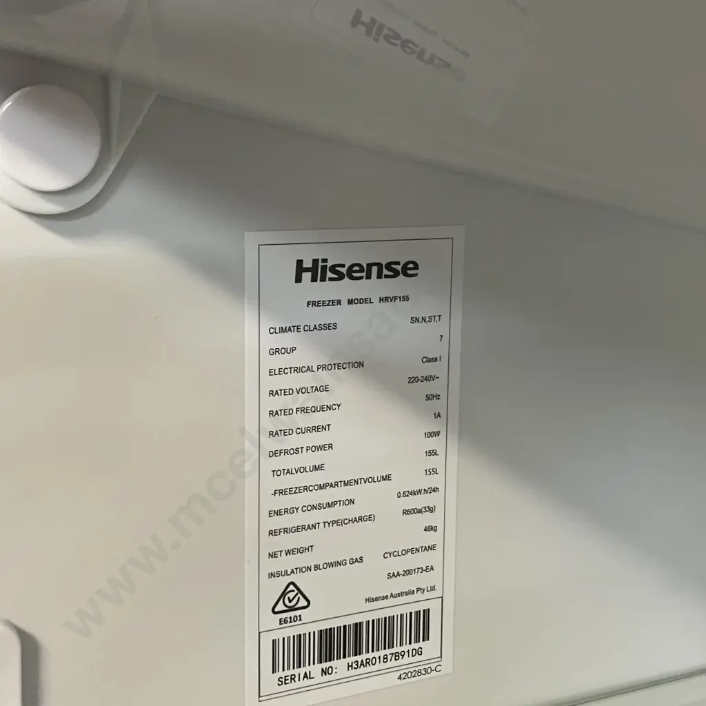 Hisense 155 Litre Vertical Freezer HRVF155. H143 W55 D55cm Image 1++