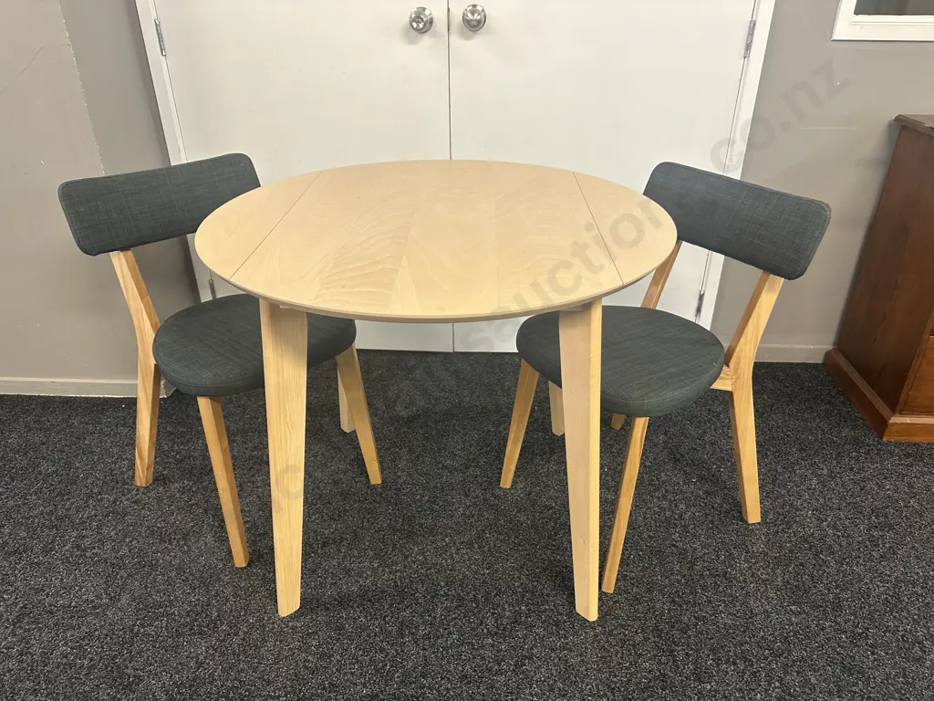 Salamander Enterprises Small Drop Leaf Dining Table & Two Chairs With Grey Upholstery Image 1++