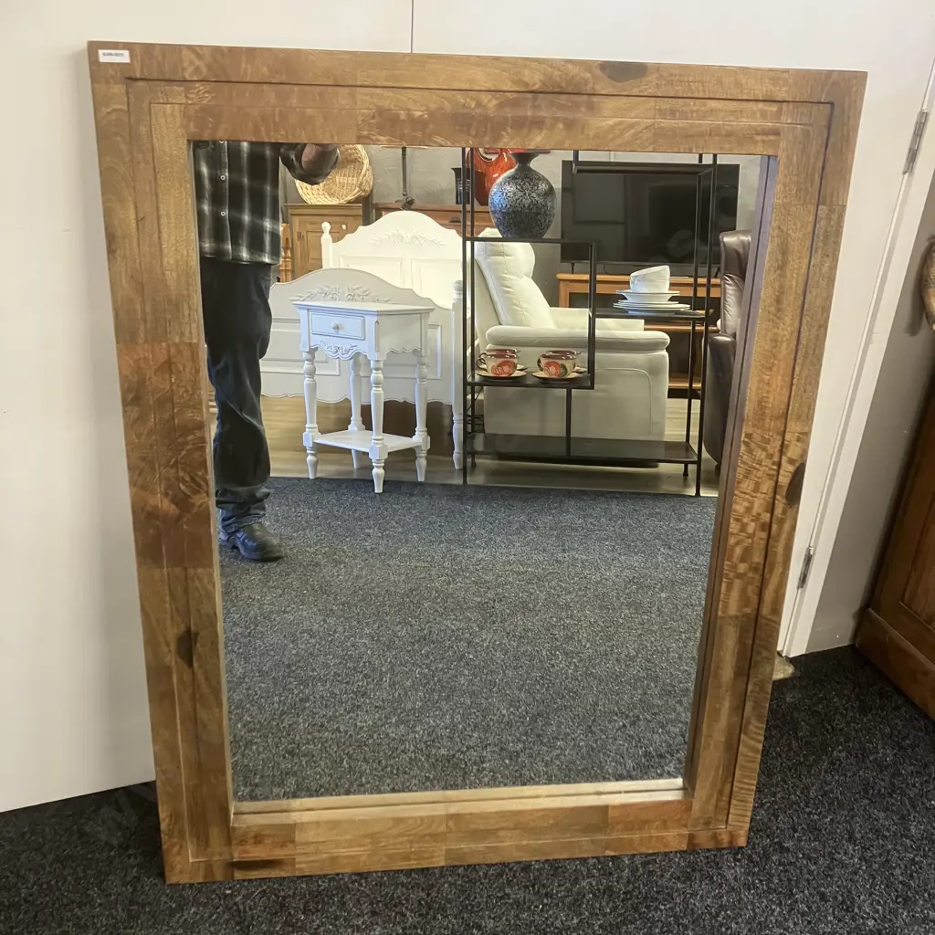 Indian Teak Slatted Ridged Wooden Framed Wall Mirror. 90 x 115cm Image 1++