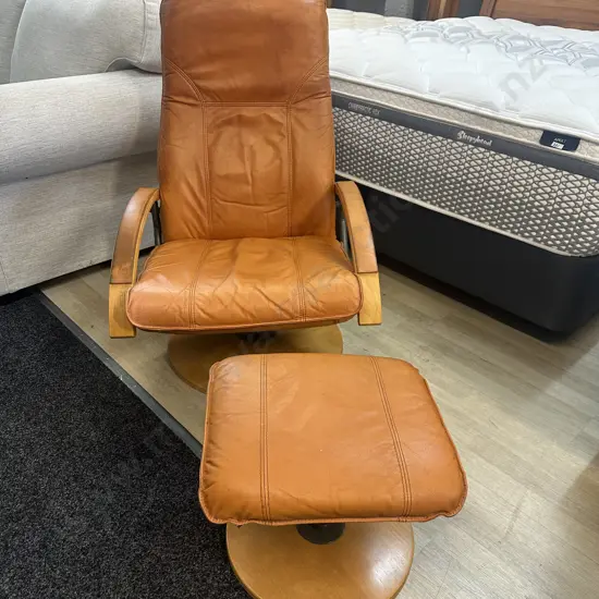  Orange Leather Stressless Style Recliner Chair & Footstool Wooden Curved Arms  