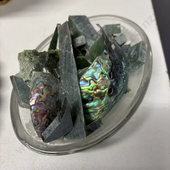 Glass dish with assortment of Greenstone and Paua pieces