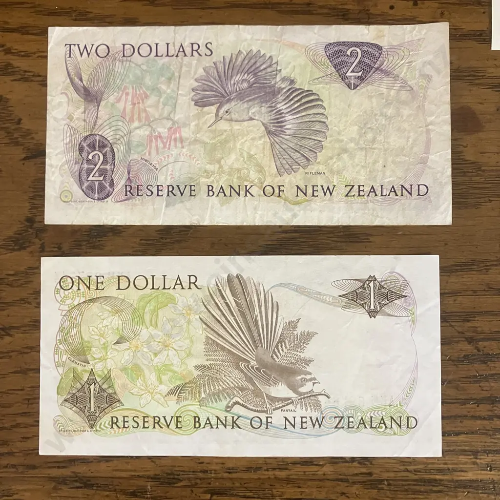 New Zealand Banknotes - $1 S.T Russell (1985-89) , $2 H.R. Hardie (1983-1985), $2, $10, $20 Donald Brash Image 1++