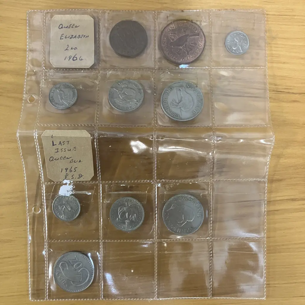 New Zealand Coins - Queen Elizabeth The Second 1964 & 1965 With 1975 Fiji 20 Cent Coin Image 1++