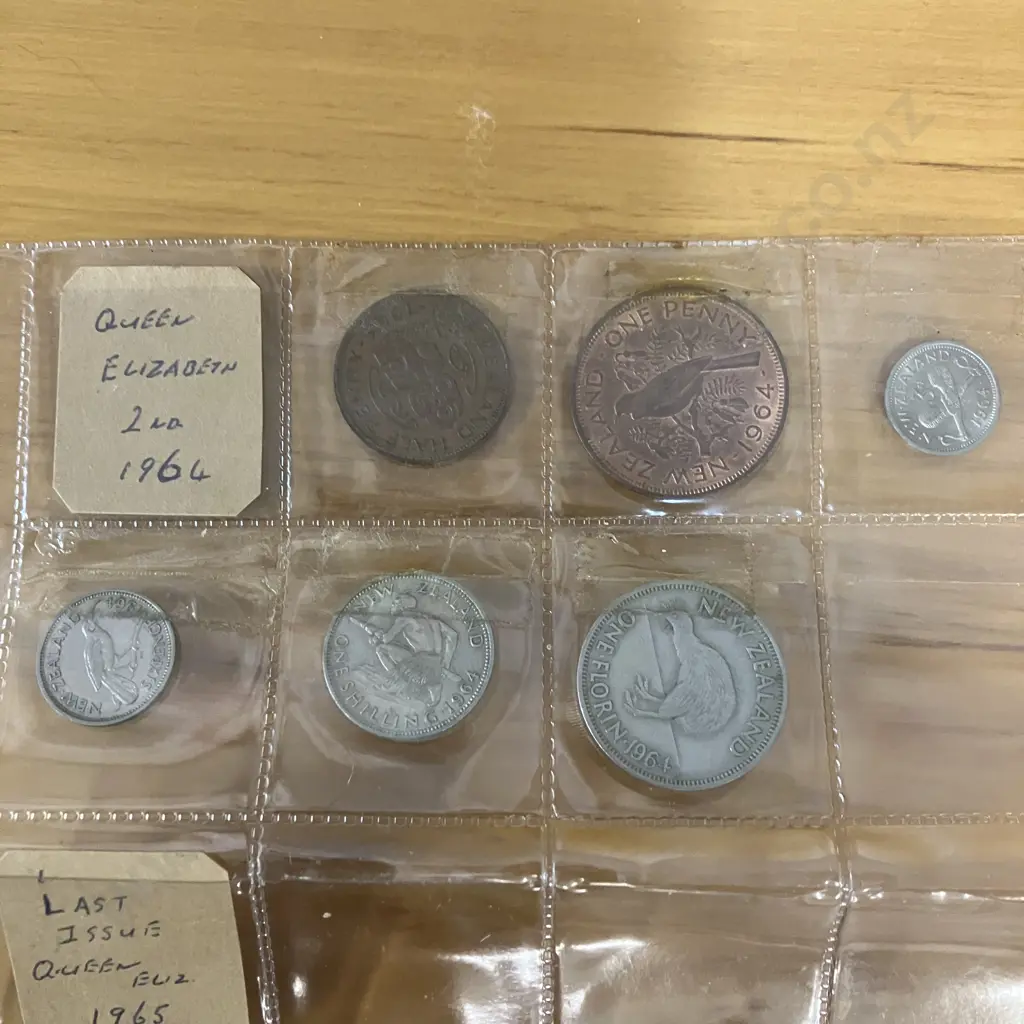 New Zealand Coins - Queen Elizabeth The Second 1964 & 1965 With 1975 Fiji 20 Cent Coin Image 1++