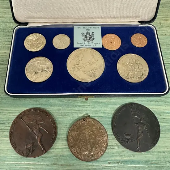 1969 Boxed New Zealand Coin Set & Decorative Medals Including Royal Visit & Life Saving