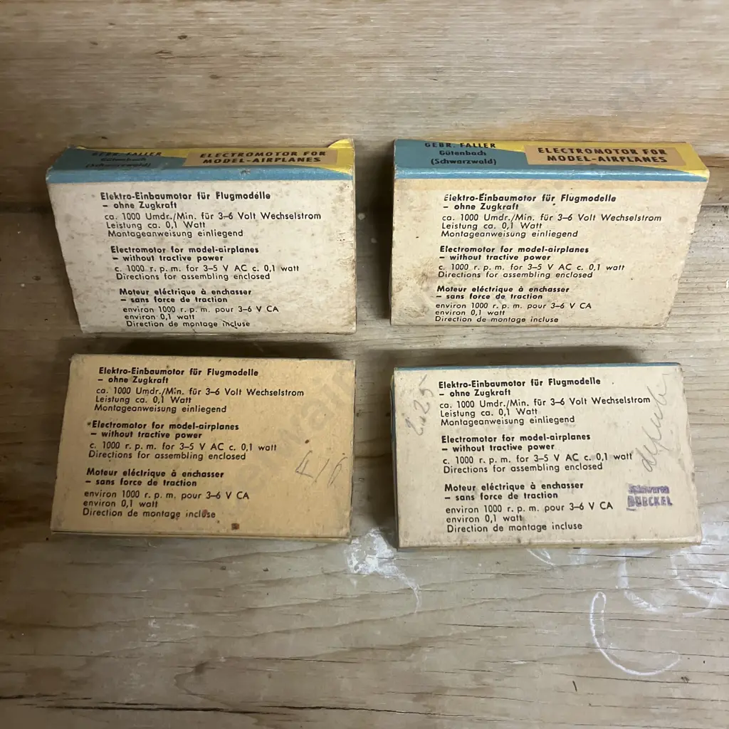 Lot of Four Elektro-Einbaumotor Electromotor for Model-Airplanes - Faller | No. FM 1001, Made In Germany, Vintage 1950's Image 1++