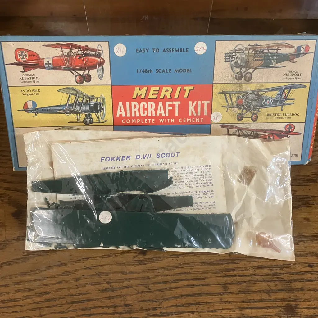 Vintage Merit Aircraft Kit German Fokker D.Vll Scout 1/48 Scale, 1950s New Zealand Made (Open Boxes) Image 1++