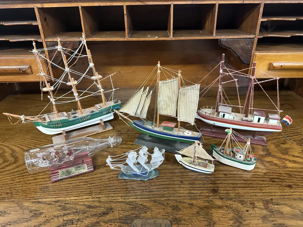 Selection Of Vintage Wooden Model Sailing Ships, H.M.S Bounty In Glass Bottle Etc (as found) Image 1++